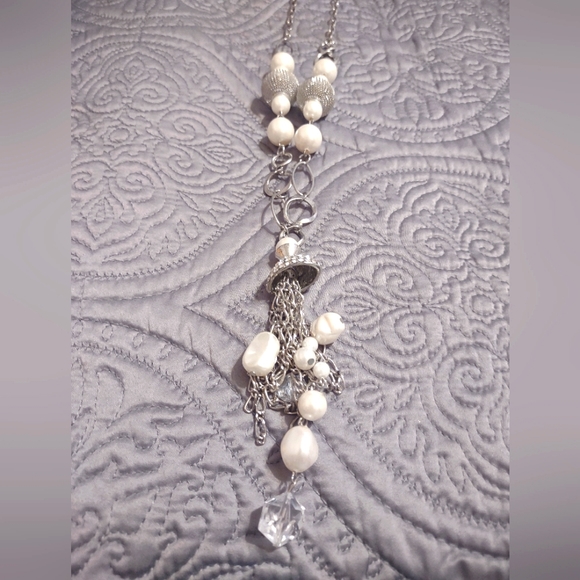 Silver, Faux Pearl & Rhinestone Necklace and Earrings. 14in with a 5 in tassel. - Picture 4 of 4